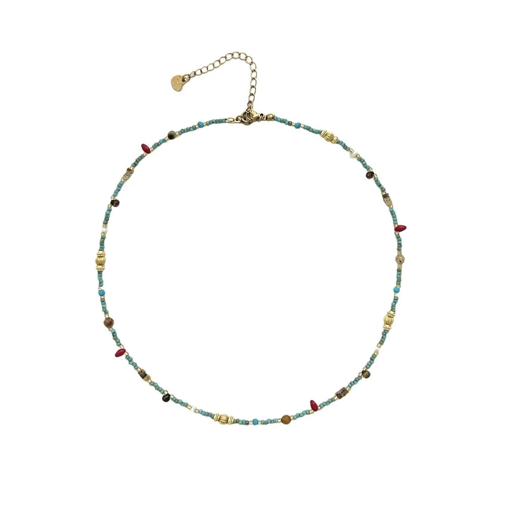 New Chinese style natural turquoise colour beaded necklace on titanium steel chain with round pendant for women