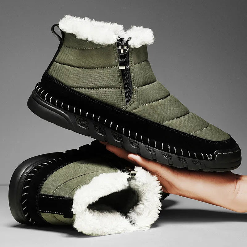 Men's plus size snow boot in a solid colour with cotton upper, flat heel, and non-slip rubber sole.