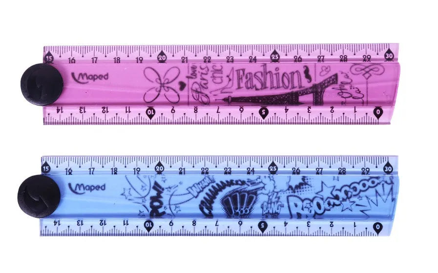 30cm widened rotary folding ruler in blue and pink colour options on a white background