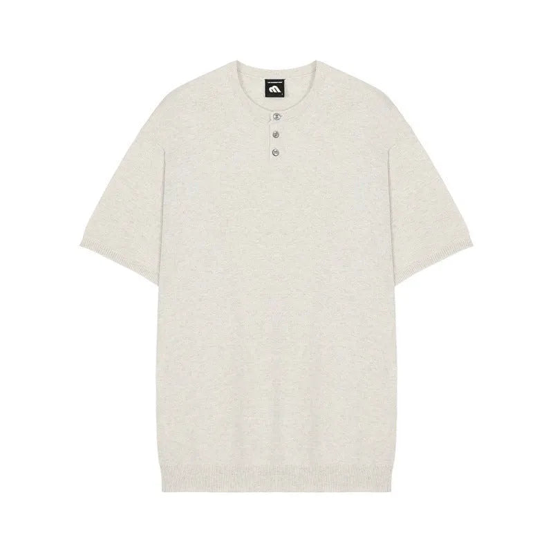 Men's slim-fit black ice silk knitted short-sleeved pullover shirt on a hanger.