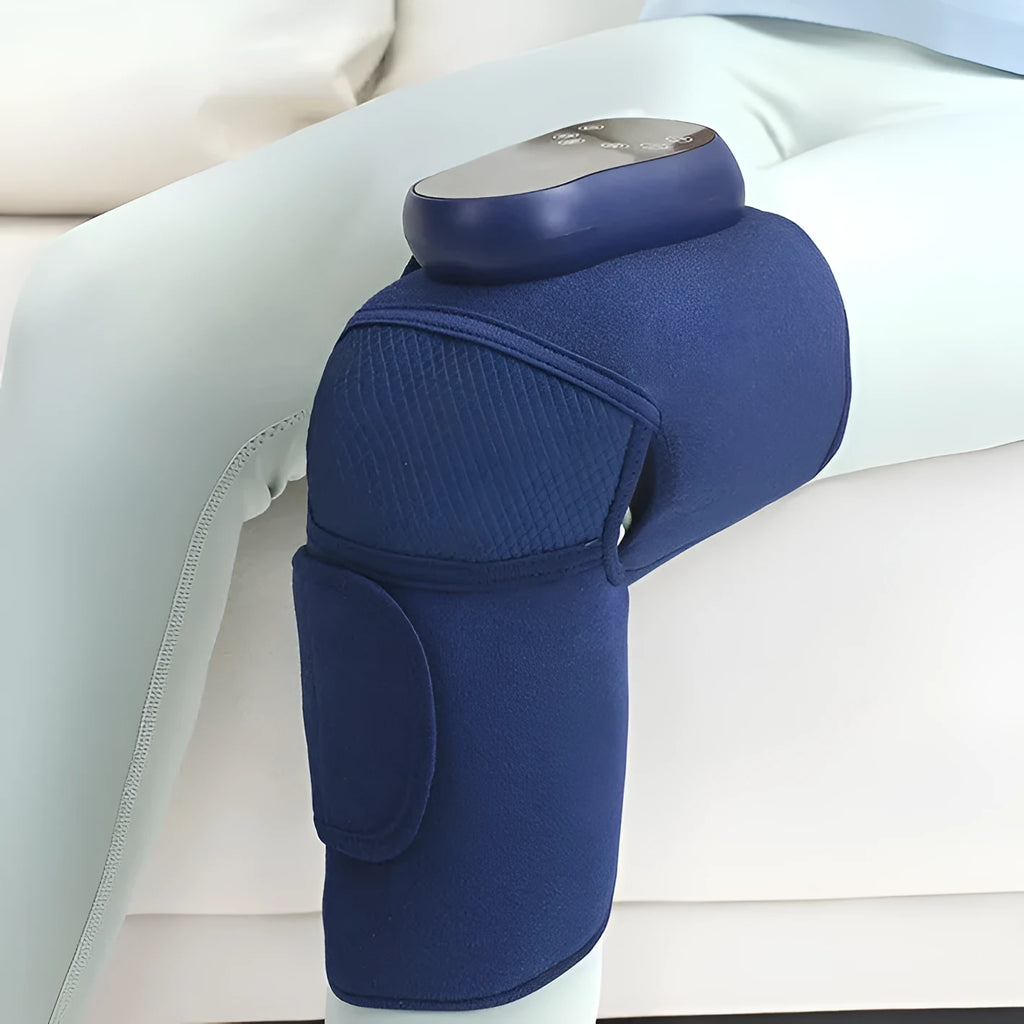 Blue self-heating knee massager with air compression and vibration functions for joint therapy