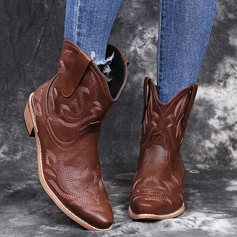 Blue women's cowboy boots with embroidery, a low wedge heel, and a pointed toe.