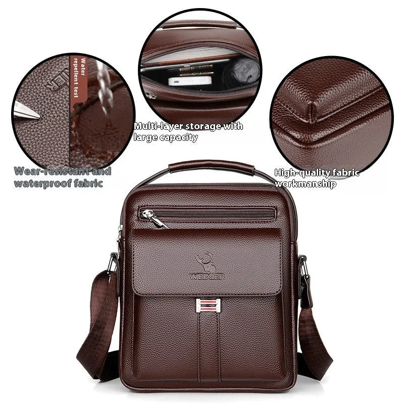 Men’s PU leather crossbody shoulder bag in solid colour with visible sewing line, waterproof for business travel