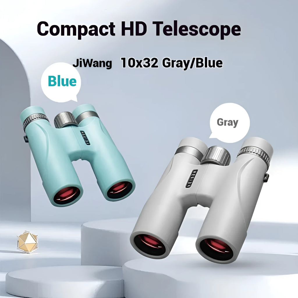 10x32 grey or blue plastic binoculars showing 112mm compact dimensions with optical specifications