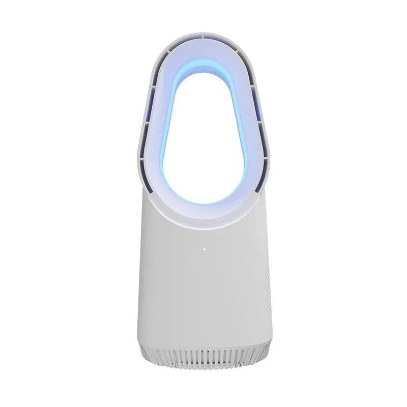 SK bladeless tower fan in white colour with remote control on wooden floor