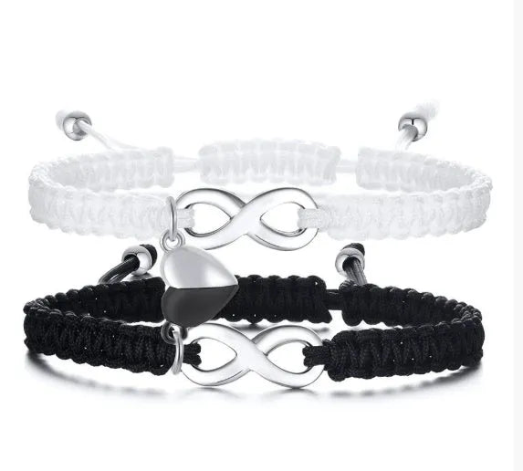 Love heart magnetic couple bracelet set stainless steel hand-woven with cross motif black white