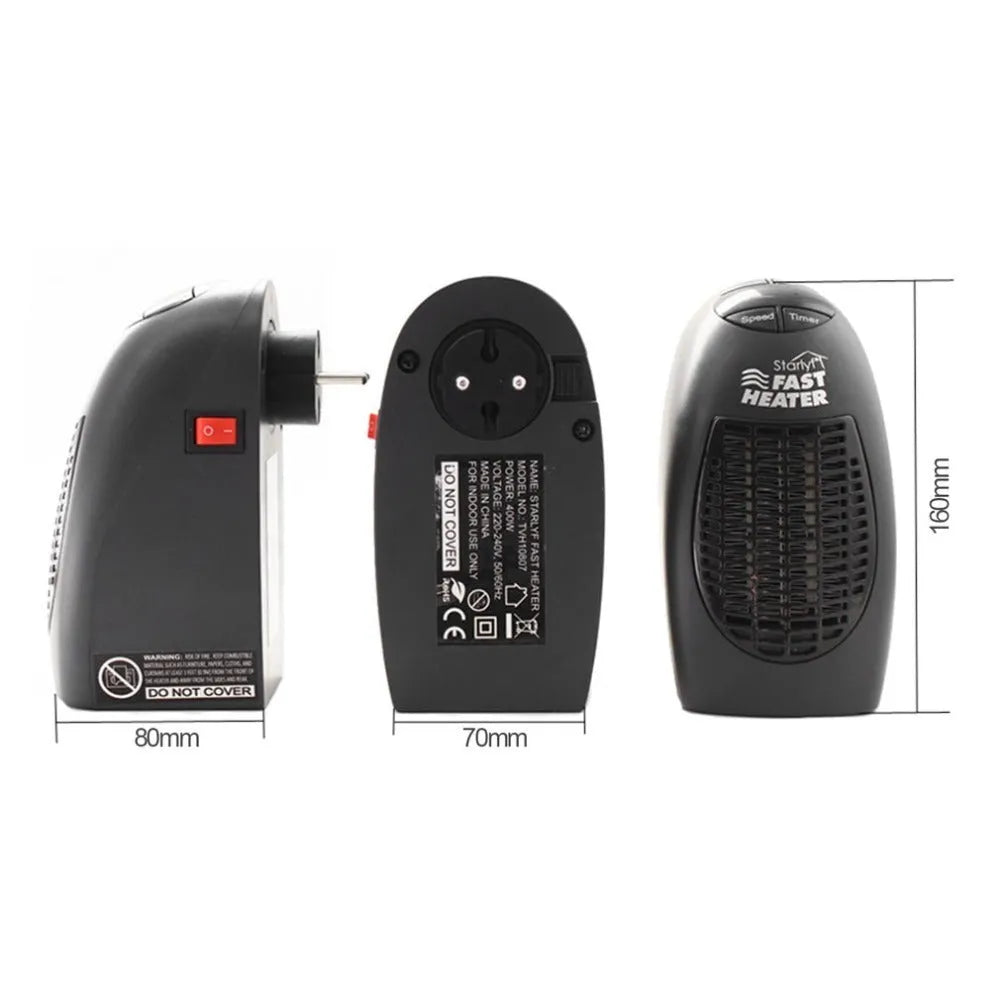 Black compact ceramic electric heater with digital display and rotating plug