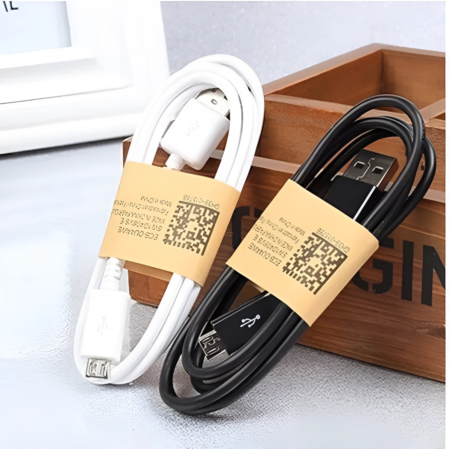 Black and white Android micro USB data and charging cable, 1 metre long with PVC insulation.