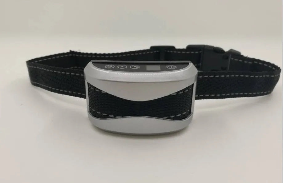 Digital anti-bark dog training collar with LCD display showing correction levels on adjustable reflective strap