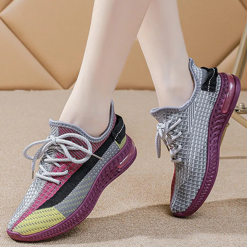 Women's casual lightweight running shoes in black, orange, or purple with round toe and lace-up design