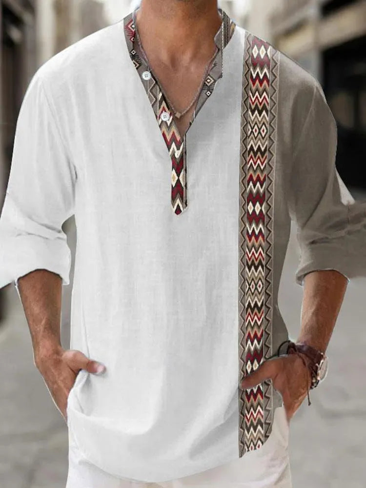 Long sleeve Hawaiian shirt with digital bamboo linen striped pattern in cardigan style