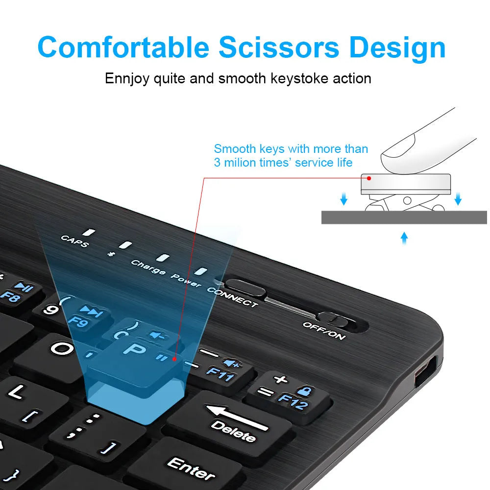 Compact black or white mini Bluetooth wireless keyboard for tablets with a 10-metre range.