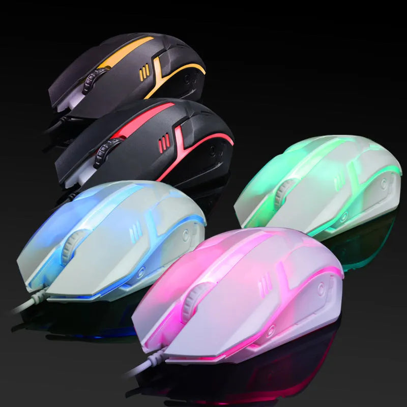 Wired USB mouse with luminous effect in black or white colours, showing 1600 DPI resolution and 1.3m cable