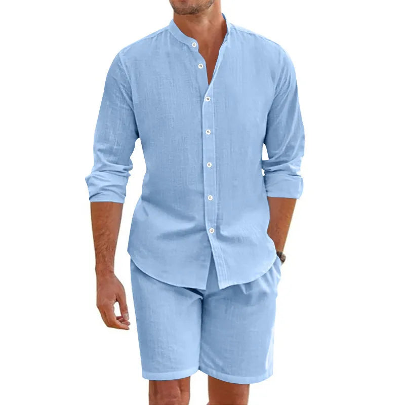 Men's linen blend summer shirt suit set with button-down top and drawstring shorts in multiple colour options