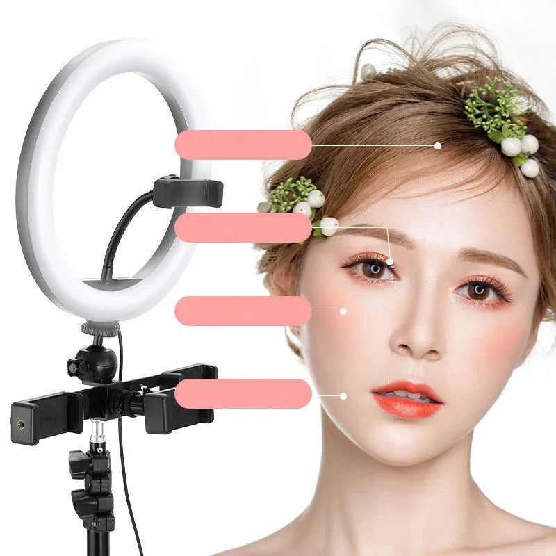 10-inch smartphone ring light on a 19cm adjustable metal tripod stand for selfies and video.