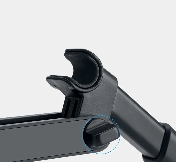 Black universal car phone and tablet holder with adjustable arm mounted on a rear seat base.