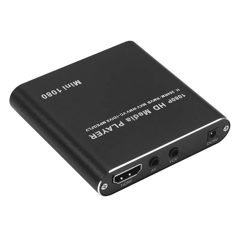 Compact black or blue 1080P Full HD media player with HDMI port for SD cards and USB drives