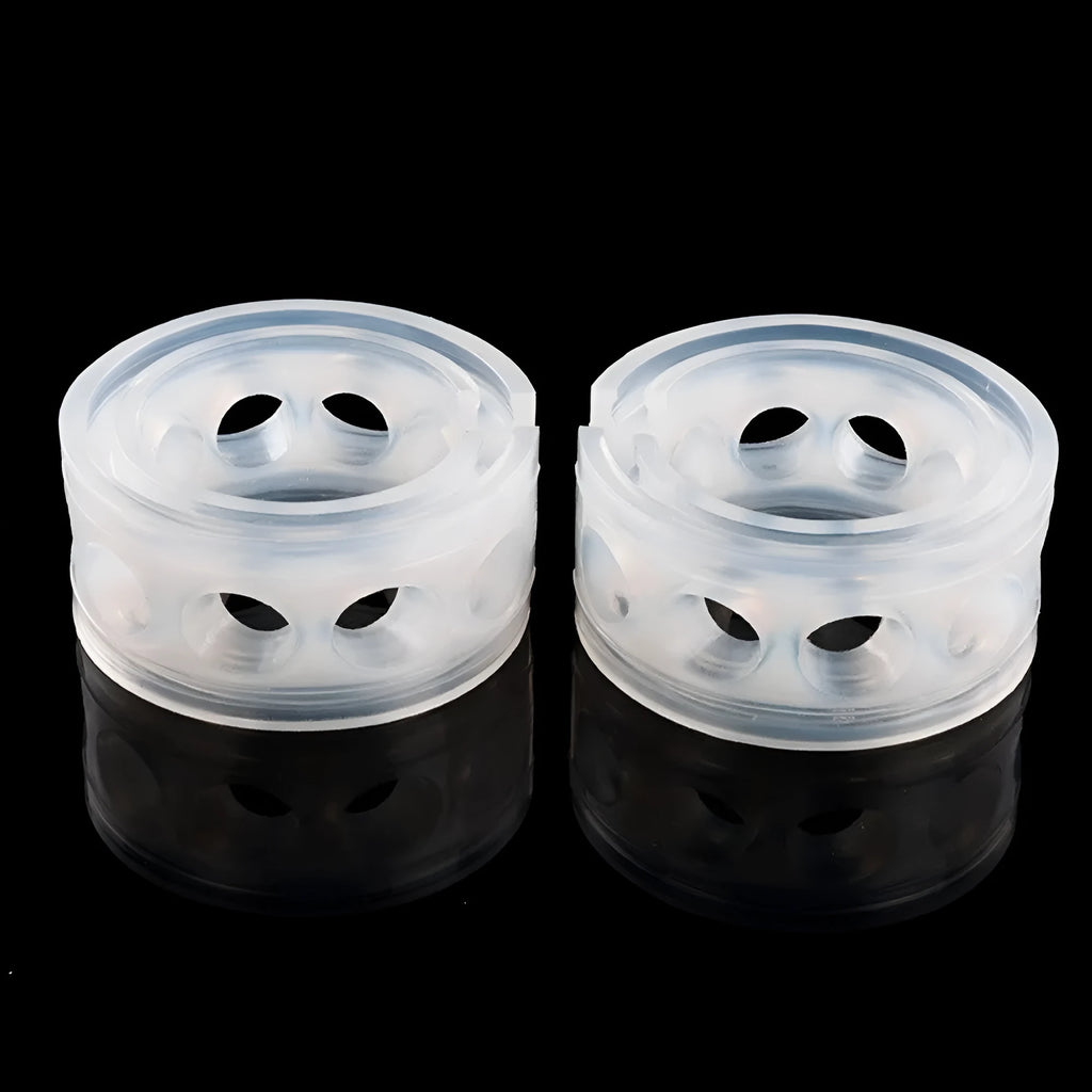Two transparent rubber shock absorbers for car springs, shown with size measurement diagram.