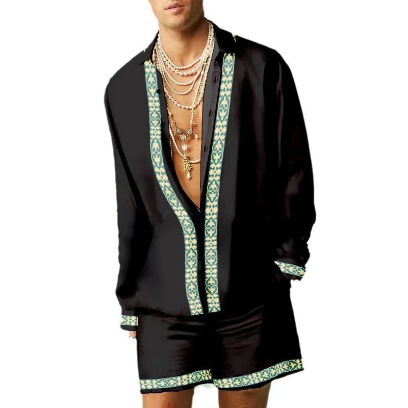 Men's slim fit casual summer outfit showing long sleeve polyester shirt and matching shorts.