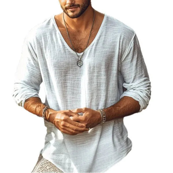 Beige V-neck long-sleeved slim fit t-shirt made from a hemp-blend fabric