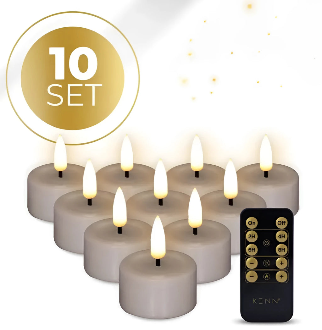 Four taupe coloured S10 LED tealight candles with a realistic 3D flame effect, showing scale.