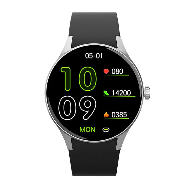 Black smart watch with blood sugar detection on a silicone strap, showing AMOLED screen.