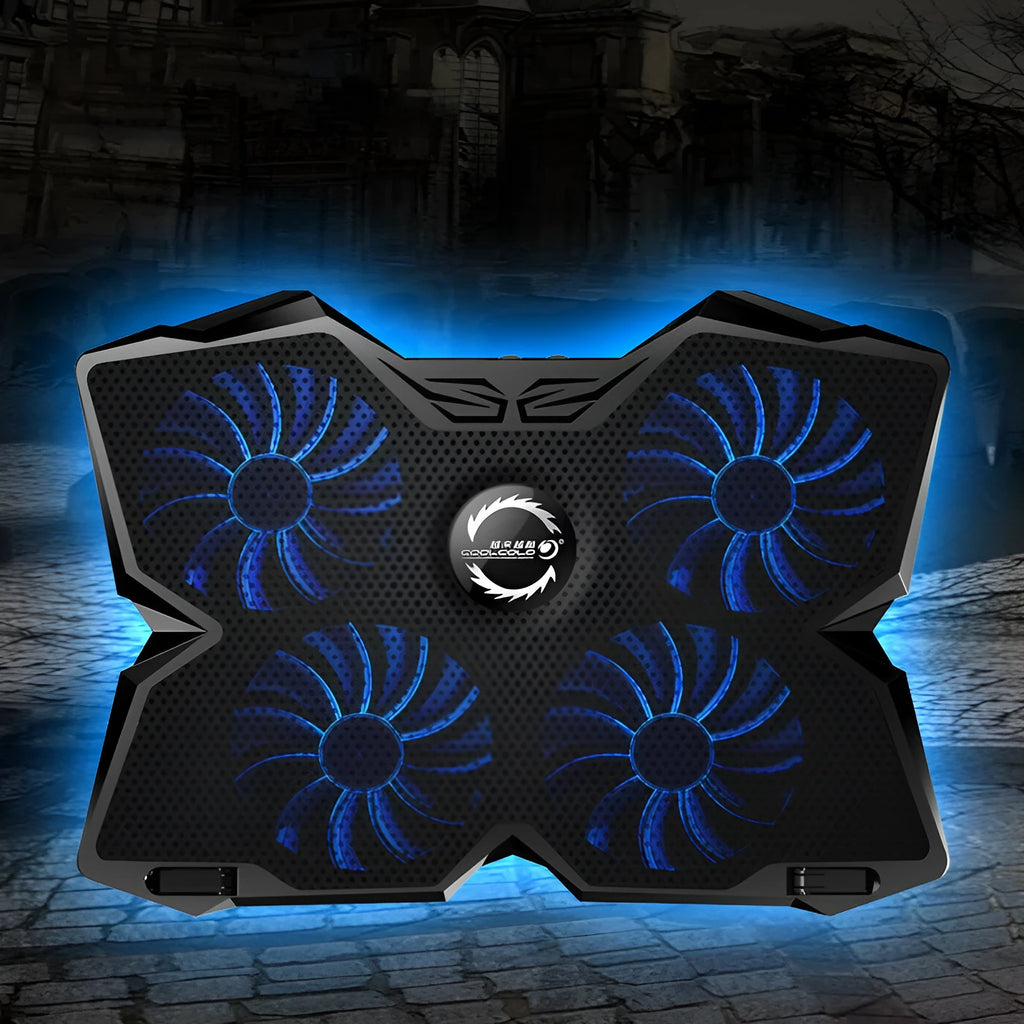 Blue laptop cooling pad with four illuminated fans, two USB ports, and speed control switches on a desk.
