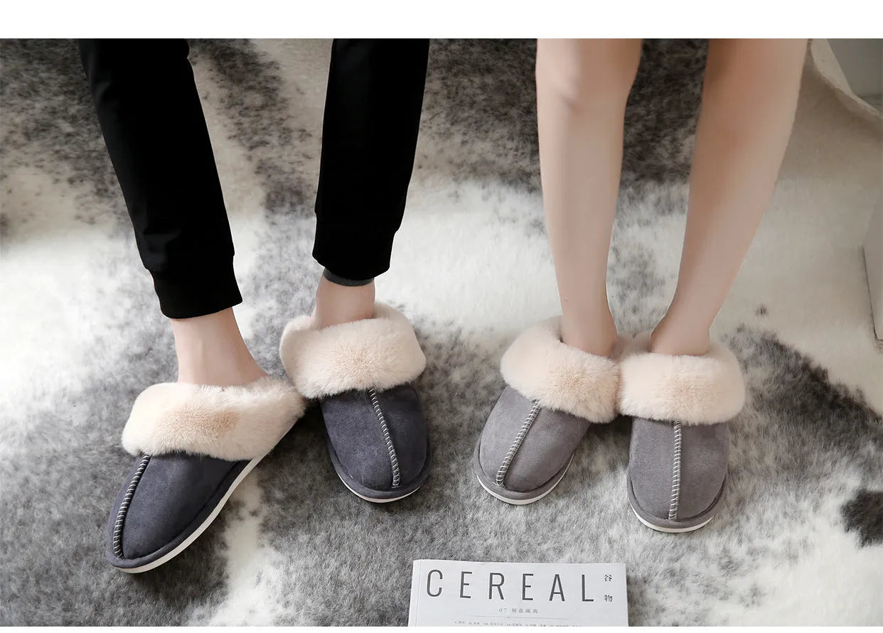 Cotton slippers with suede upper and artificial wool lining in beige, round toe, non-slip sole for home use