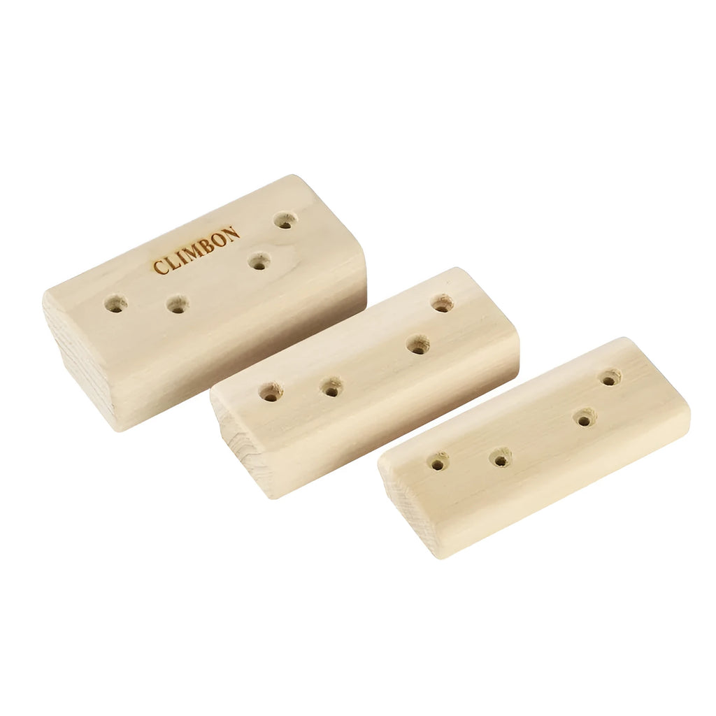 Three wooden fingerboards for grip strength training in different lengths