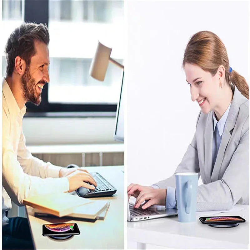 Black or white aluminium alloy wireless charging pad with LED status light, shown with a smartphone on top.