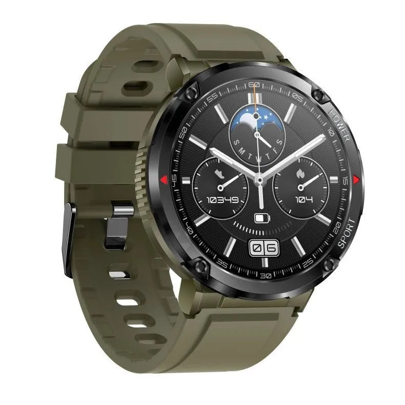 T30 Smart Watch in black on wrist, showing 52mm IPS screen displaying time and heart rate.