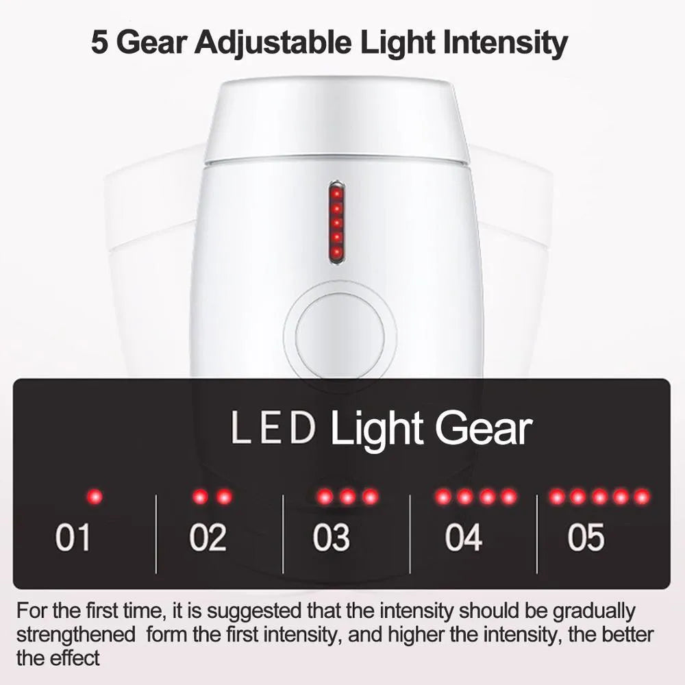 White home laser hair removal instrument with five energy adjustment buttons and compact handheld design