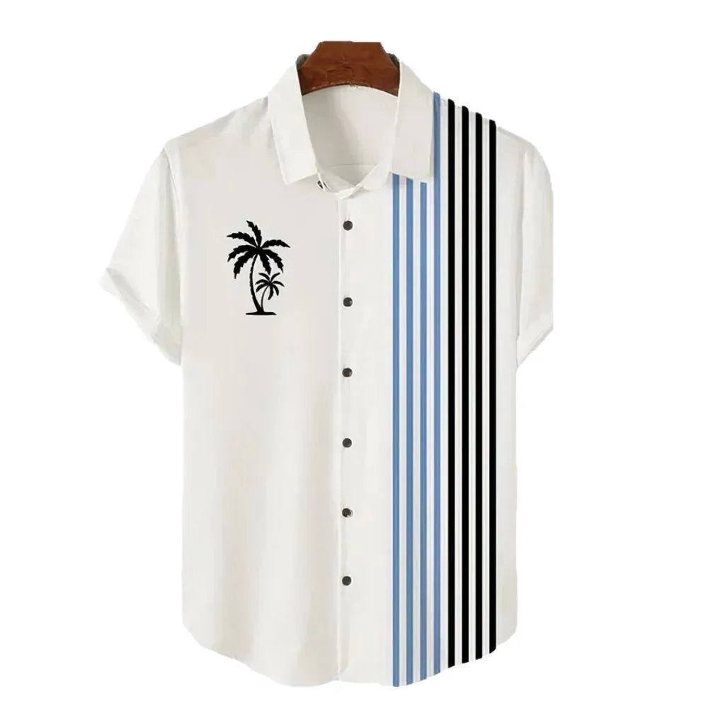 Man wearing a blue and white 3D printed Hawaiian pattern short sleeve cardigan shirt.