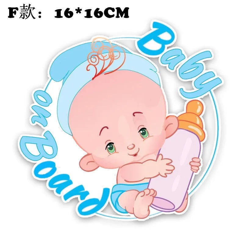 Reflective baby on board car sticker with various baby-themed designs on a white background