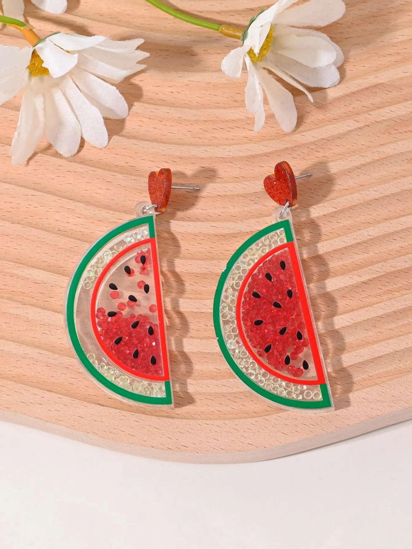 Acrylic fruit earrings for women showing cherry, strawberry, watermelon, pineapple designs