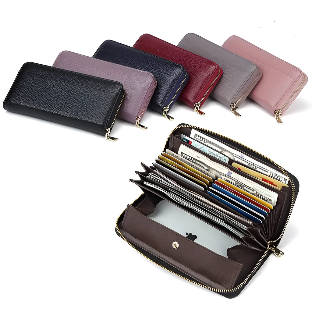Long genuine leather women's wallet in six colour options showing large capacity and card organisation