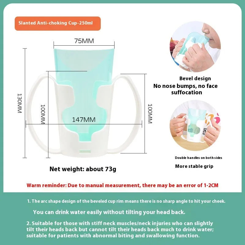 Oblique mouth bedside drinking cup with handle and lid for elderly and pregnant women
