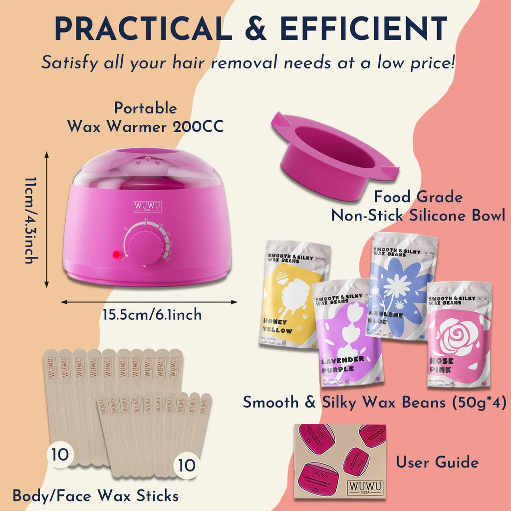 27-piece hypoallergenic hair removal wax kit with heating machine, four coloured wax beads, and applicator sticks.