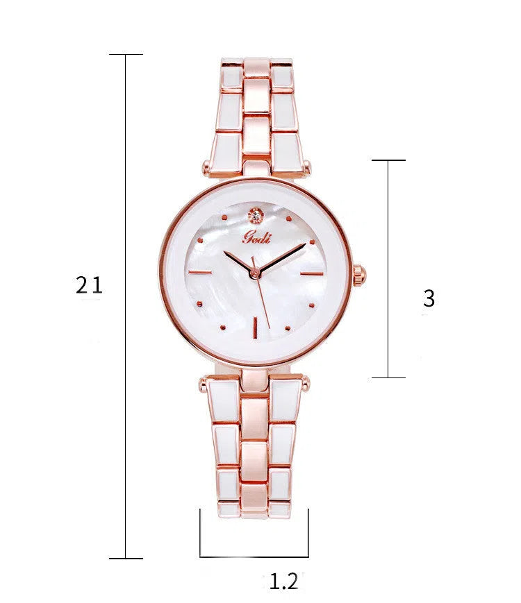 Ladies quartz watch with white dial, rose gold tone, 30mm round alloy case, and steel strap