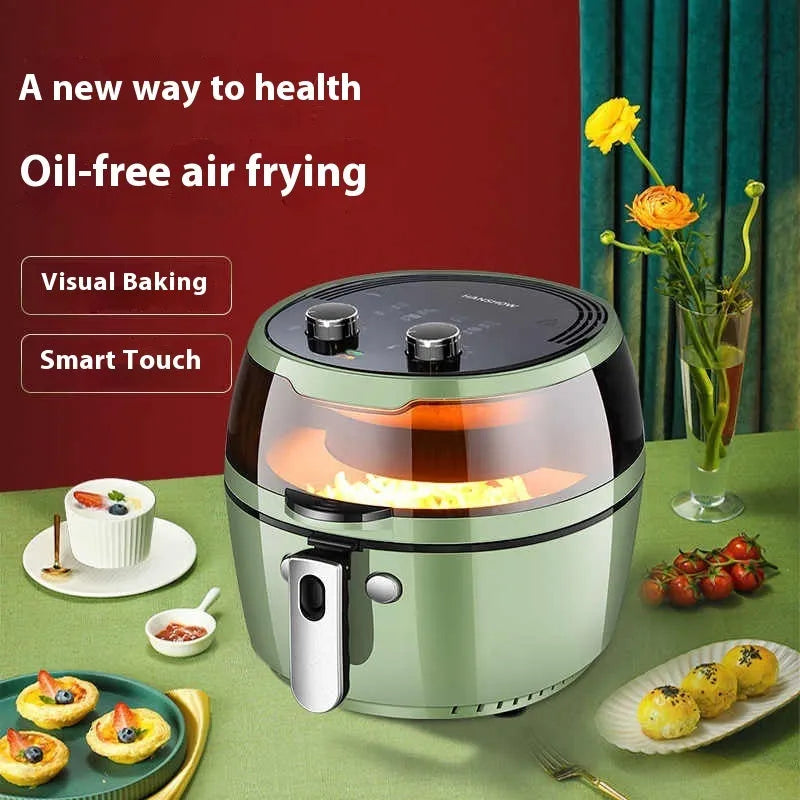 8-litre air fryer oven with visible window and mechanical button controls on countertop