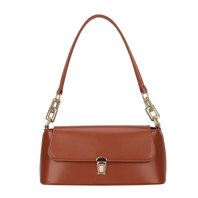 Brown French casual underarm bag with single shoulder chain, showing horizontal square shape and sandwich pocket design