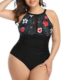 Women's black one-piece swimsuit with lace detailing on display, showing European and American sizing.