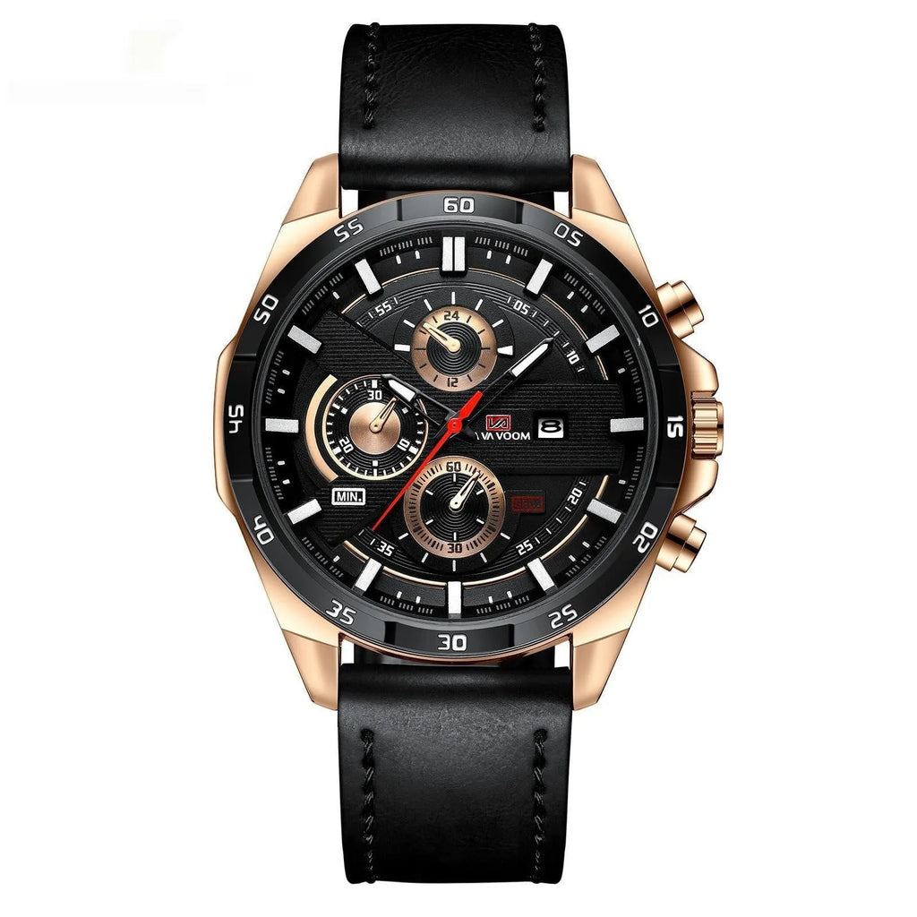 Men's waterproof quartz watch with business calendar display in multiple colour variations