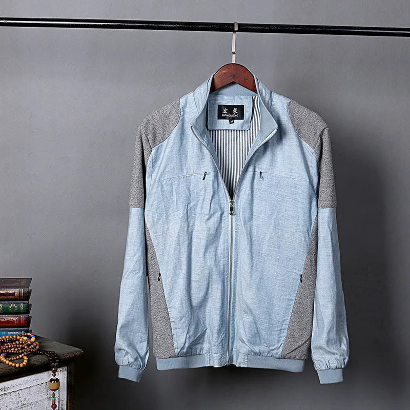 Men's lightweight cotton linen jacket in heather grey, shown on a hanger.