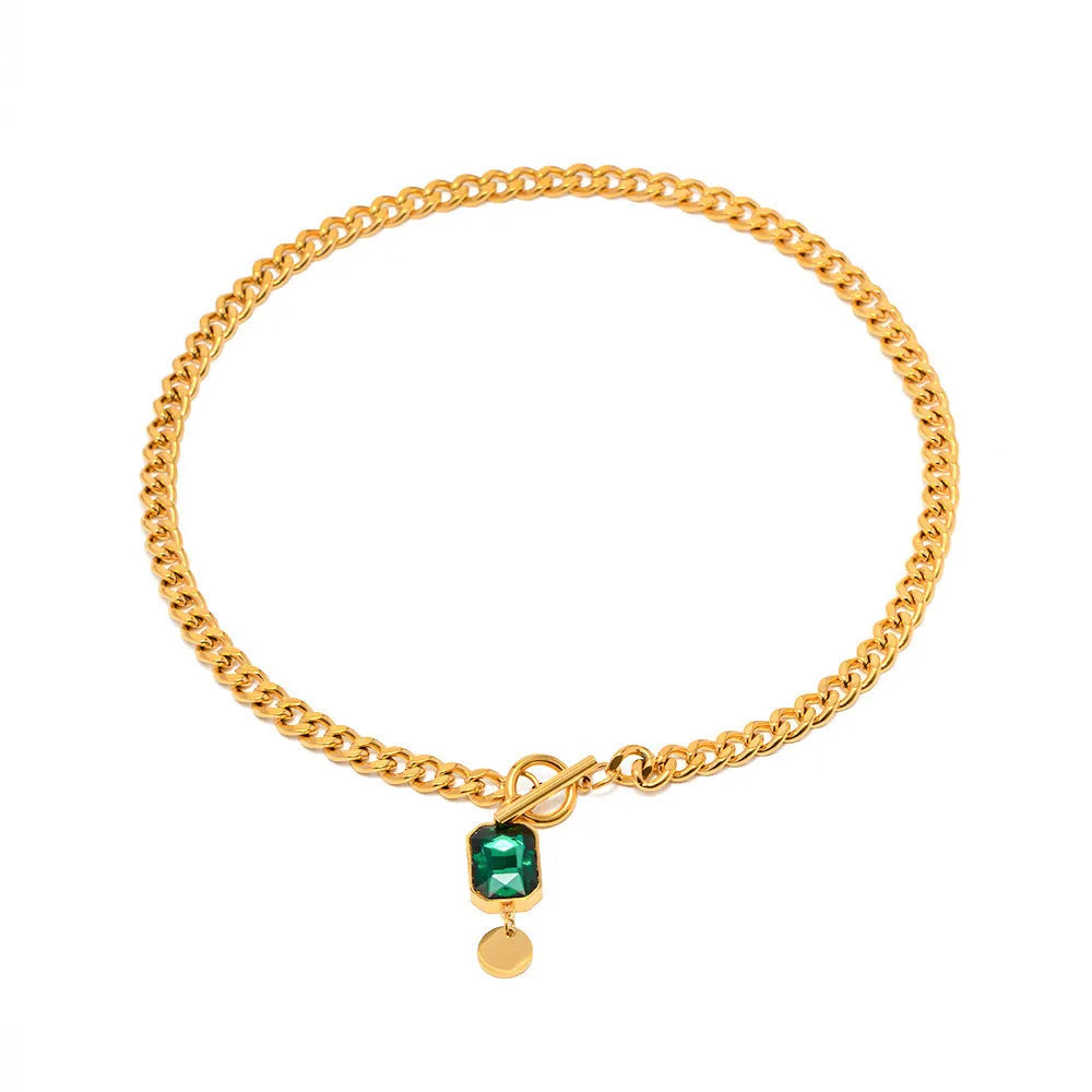 Gold geometric emerald zircon pendant necklace with Cuban link chain