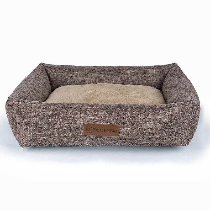 Square linen-style pet bed for dogs in gray brown plaid pattern for autumn winter warmth