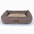 Square linen-style pet bed for dogs in gray brown plaid pattern for autumn winter warmth