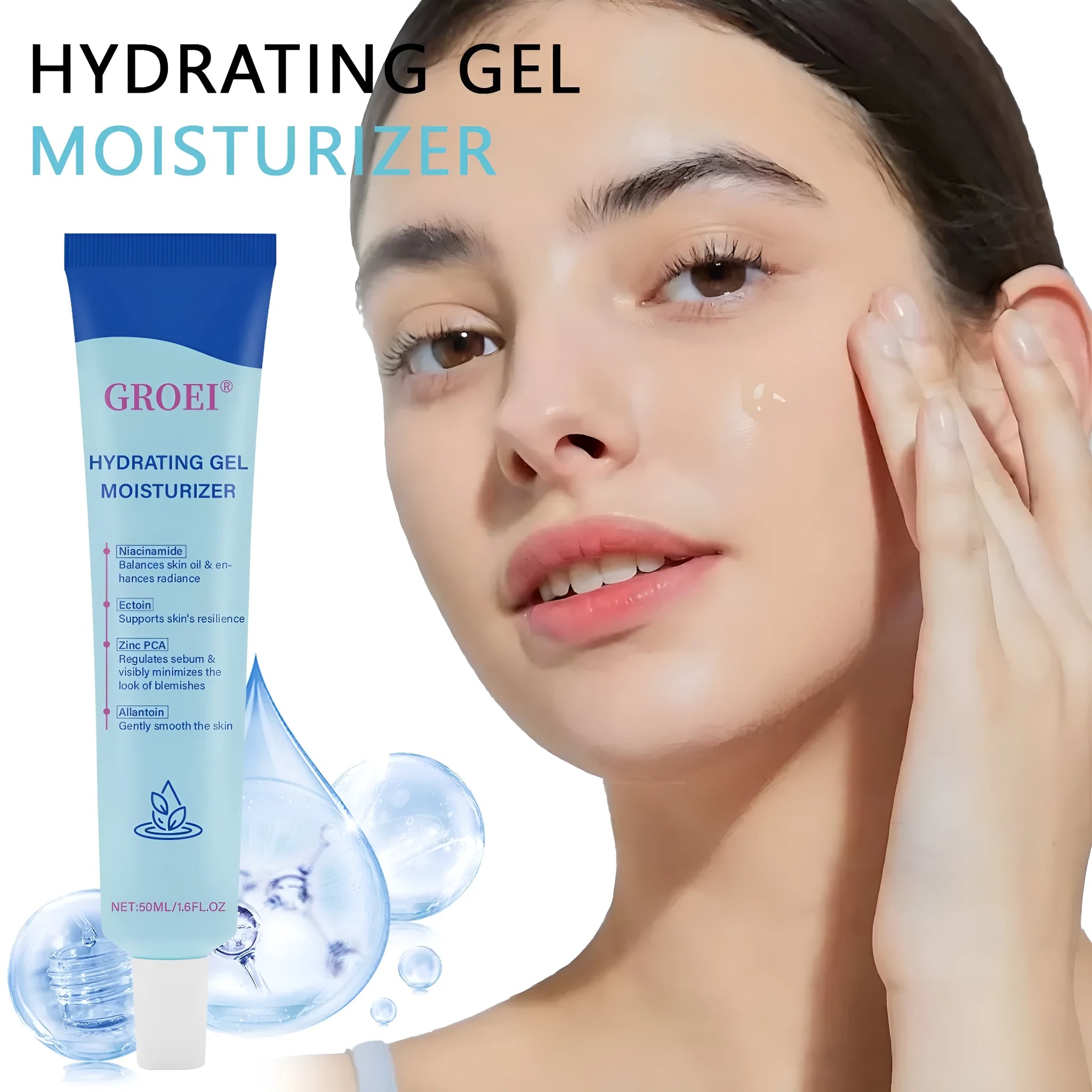 50ml moisturising facial gel with hyaluronic acid in clear container