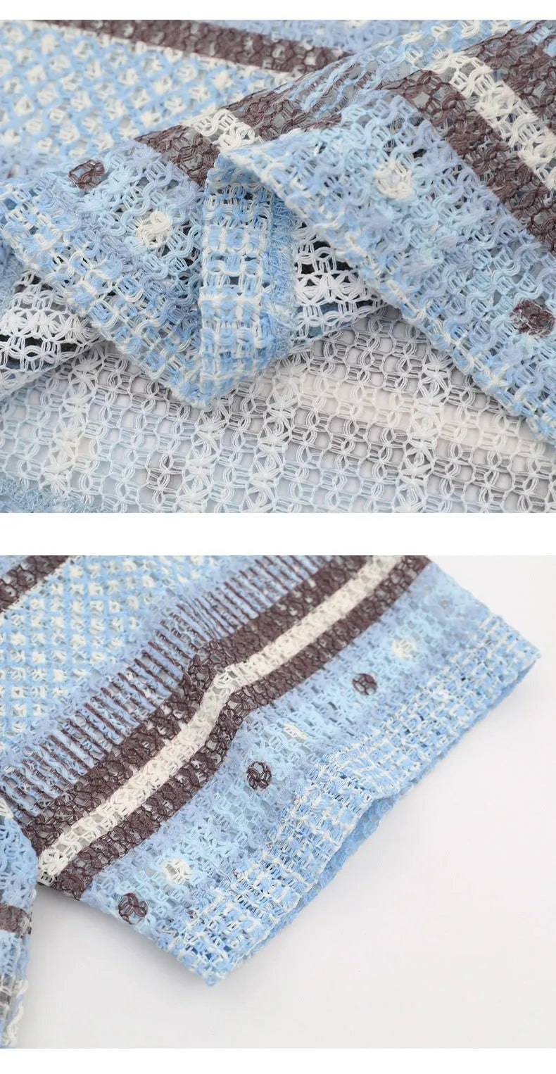 Men's blue printed short sleeve shirt with elastic polyester fabric in loose casual fit
