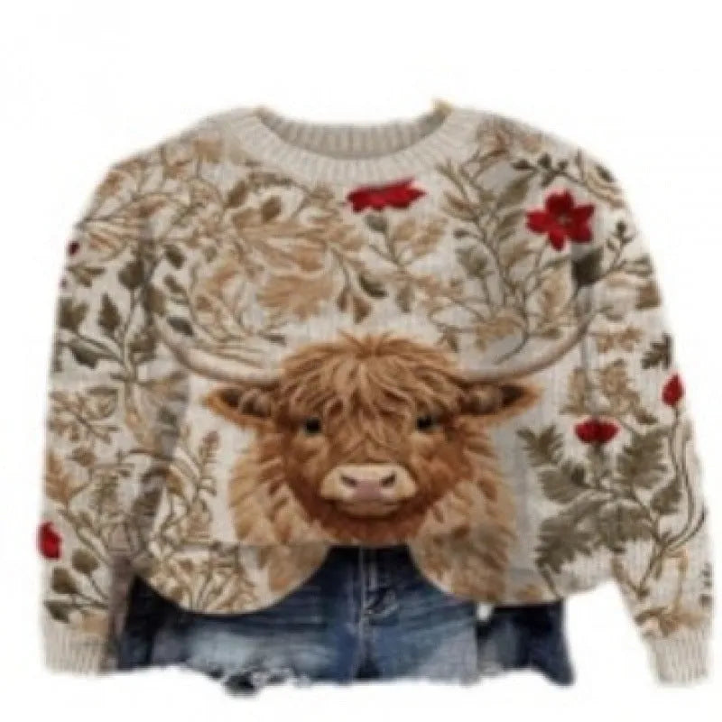 Little Flower digital printed round neck long sleeve sweater on a hanger